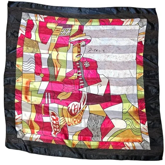 Vintage Picasso Semi-sheer Artsy Vibrant Pink Green Satin Silk Scarf‎ Square 36