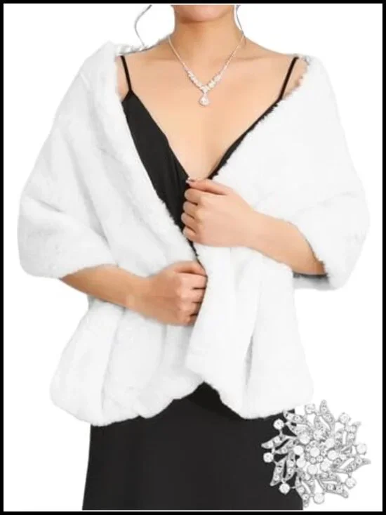 Faux Fur Wedding Shawl Wrap with Brooch Bridal Scarf Stole