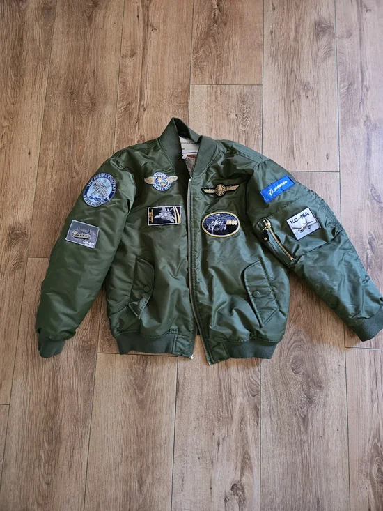Olive Green BOEING Boys M 10/12 Bomber Jacket with Aviation Patches