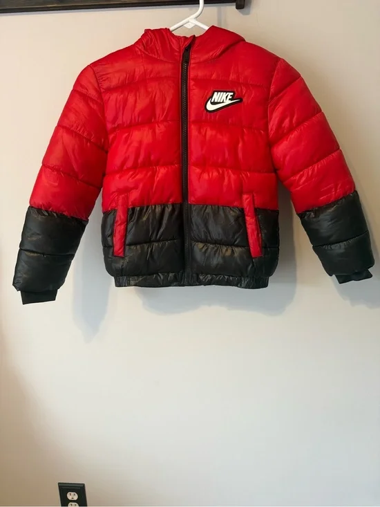 Nike Kids Red and Black Hooded Puffer Jacket