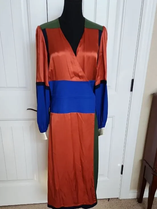 Tory Burch Colorblock Satin Wrap Midi Dress in Rust, Blue & Green