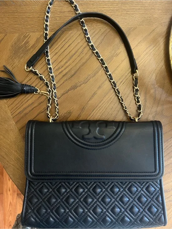 Tory Burch Black Quilted Leather Crossbody with Gold Chain