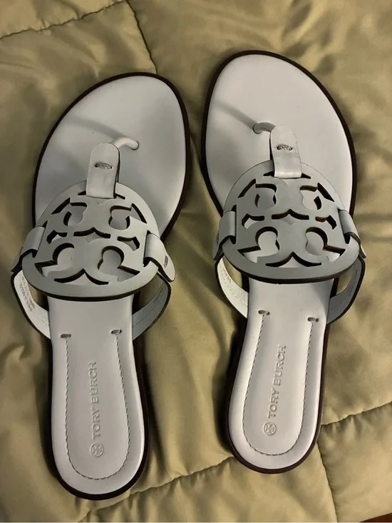 Tory Burch White Miller Logo Leather Thong Sandals