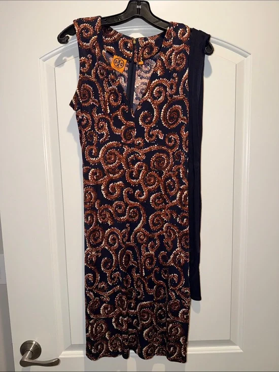 Tory Burch Navy Dress with Copper Swirl Motif