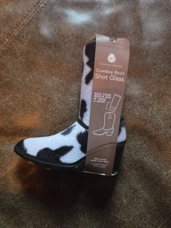 Cowboy Boot Shot Glass with Black and White Cow Print