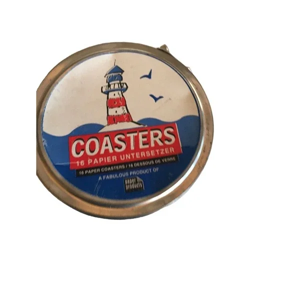 Lighthouse Paper Coasters in Round metal tin set of 15