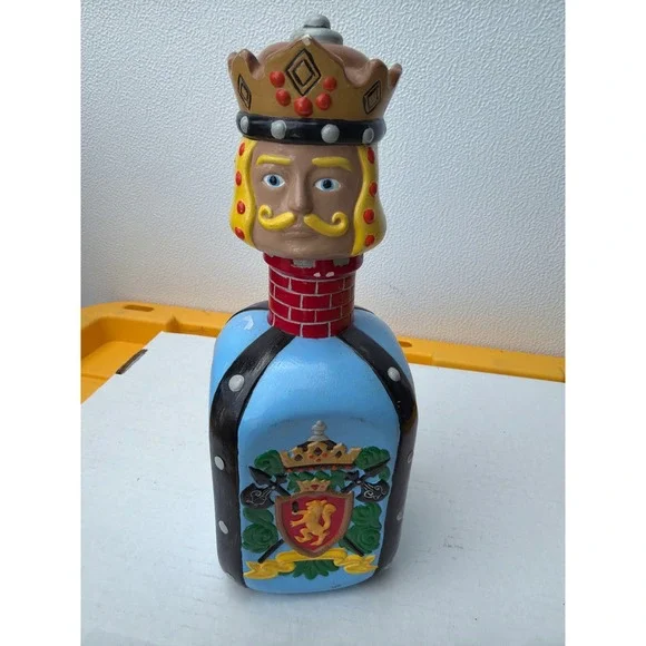 Vintage 1985 French Signed Ceramic King Decanter Medieval Heraldic Crest Blue