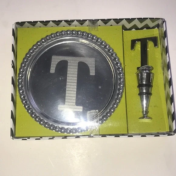 NIB “T” Initial Plate + Wine Stopper Set