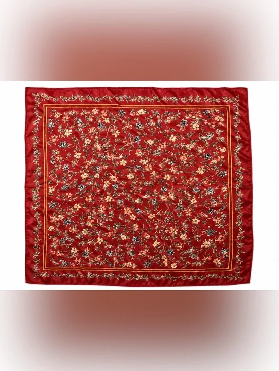 Vintage Red Floral Square Scarf | Romantic Cottagecore Satin Feel Neck Scarf
