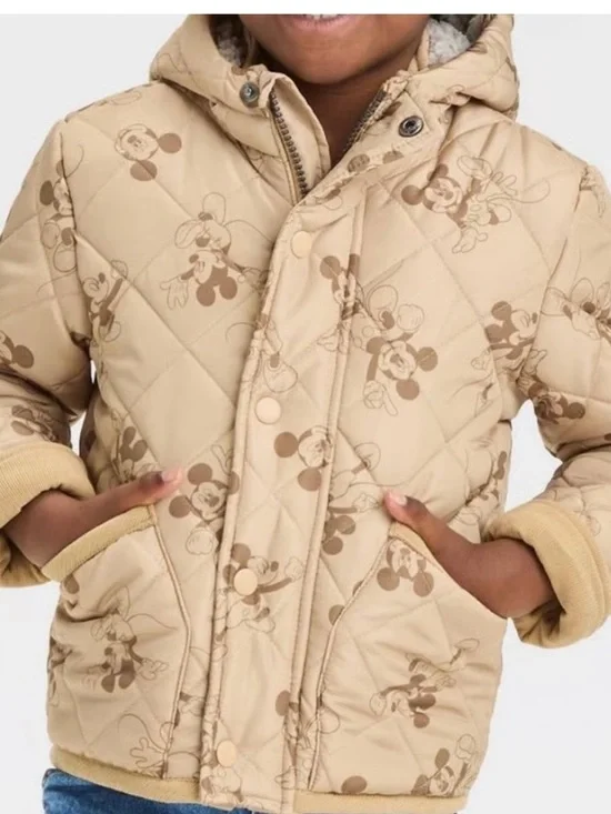3T Boys Winter Coat Disney Target Brand Quilted Hooded Jacket - Beige Mickey